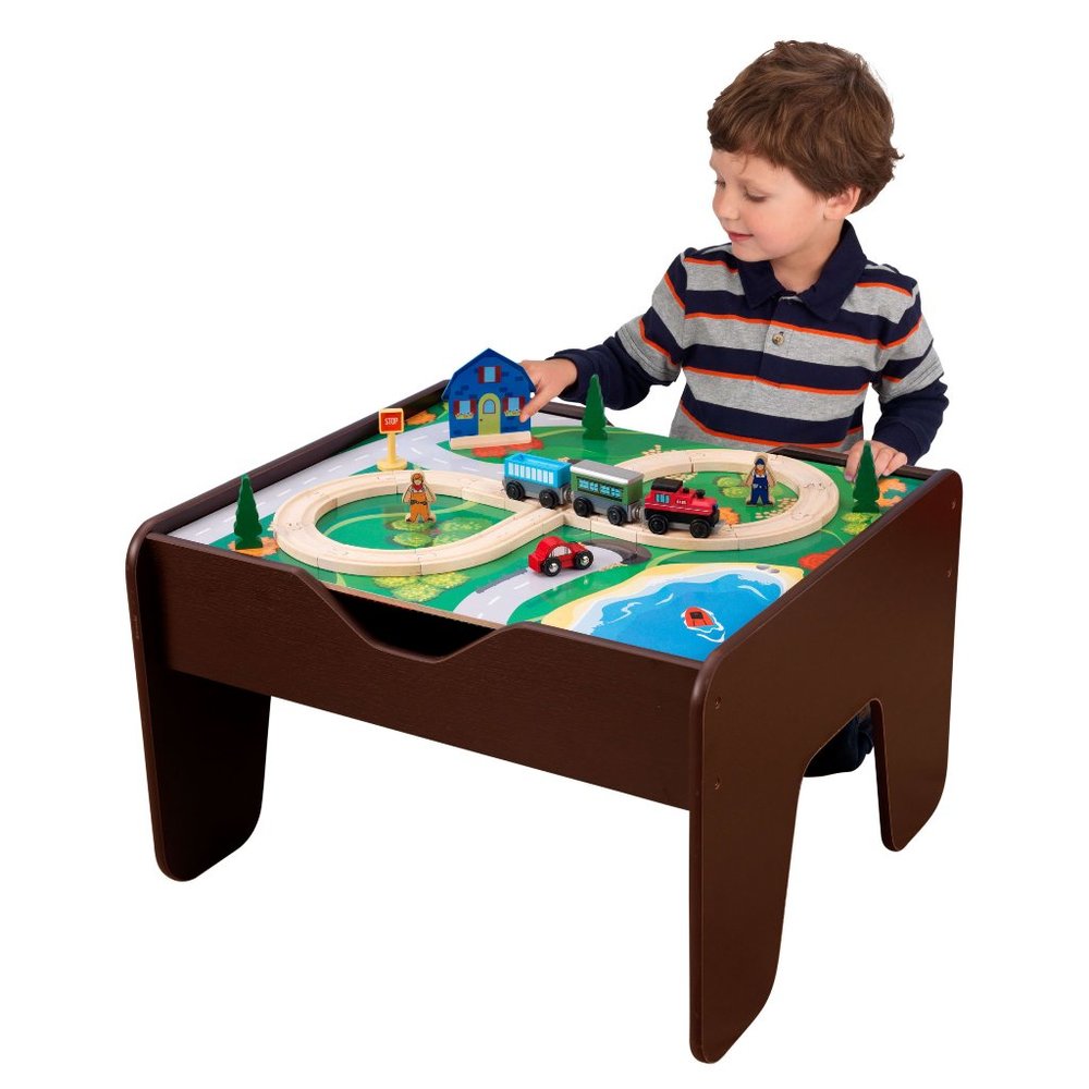 Reversible Wooden Activity Table with Board and Train Set, Espresso
